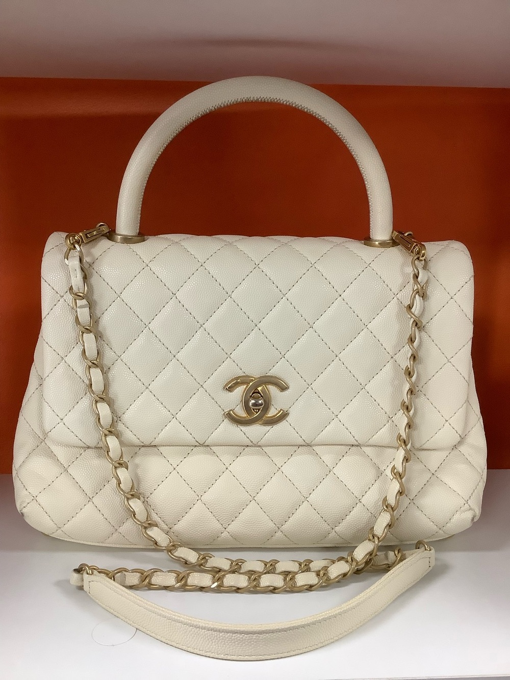 Medium Chanel White Caviar Coco Top Handle Bag